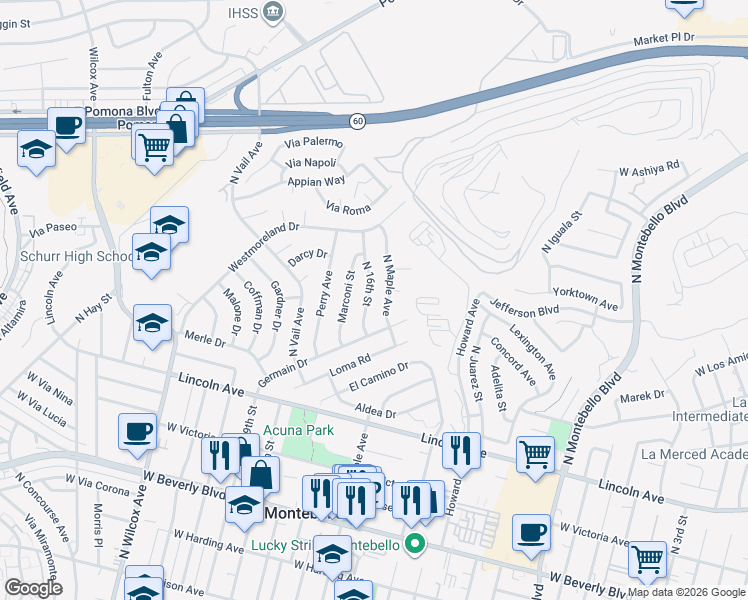 map of restaurants, bars, coffee shops, grocery stores, and more near 836 North 16th Street in Montebello