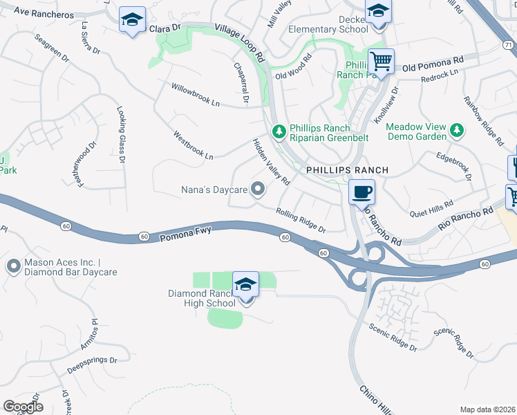 map of restaurants, bars, coffee shops, grocery stores, and more near 14 Knoll Ridge Drive in Pomona