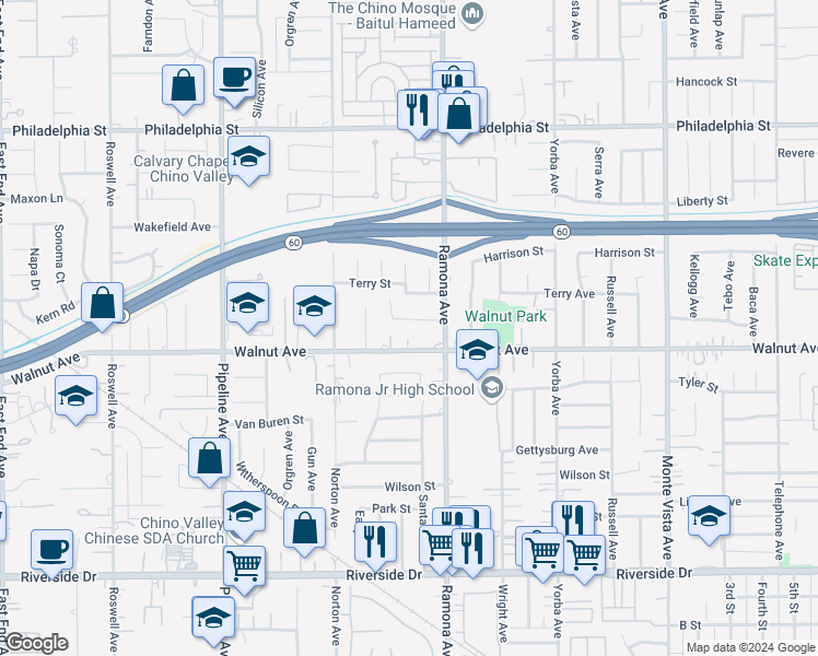 map of restaurants, bars, coffee shops, grocery stores, and more near 4431 Victoria Street in Chino