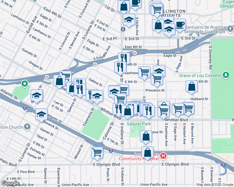map of restaurants, bars, coffee shops, grocery stores, and more near 627 South Indiana Street in Los Angeles