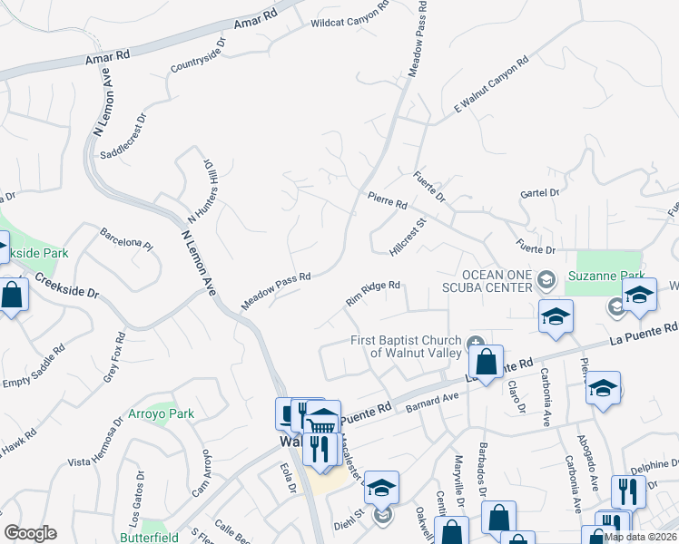 map of restaurants, bars, coffee shops, grocery stores, and more near 19940 Palomino Circle in Walnut