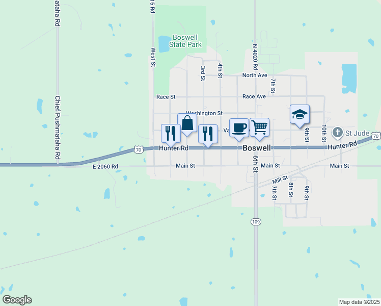 map of restaurants, bars, coffee shops, grocery stores, and more near 511 3rd Street in Boswell