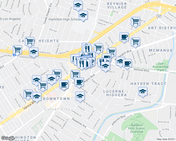 map of restaurants, bars, coffee shops, grocery stores, and more near 3710 Hoke Avenue in Culver City