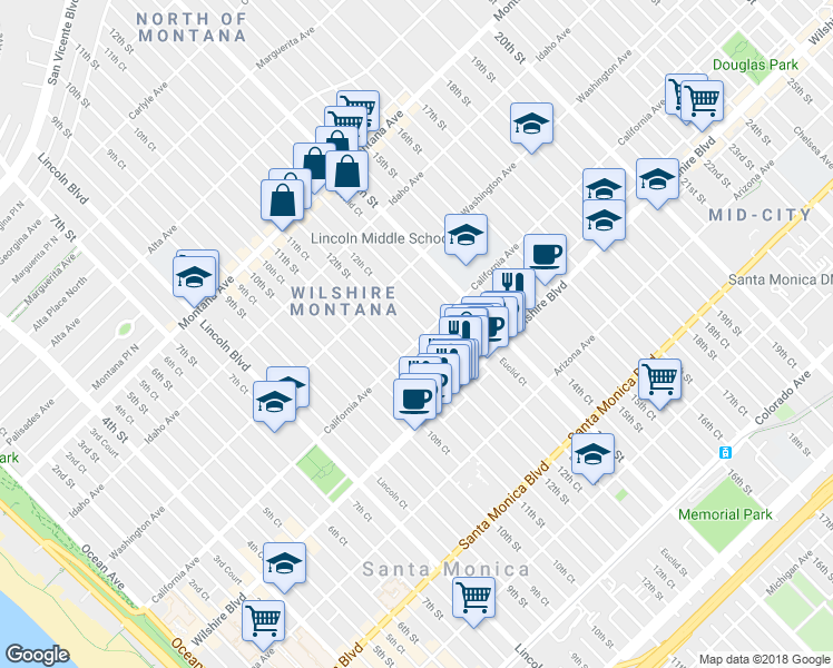 map of restaurants, bars, coffee shops, grocery stores, and more near 1207 California Avenue in Santa Monica