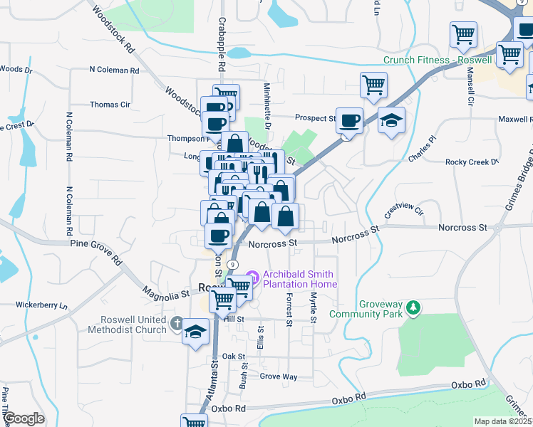 map of restaurants, bars, coffee shops, grocery stores, and more near 1072 Alpharetta Highway in Roswell