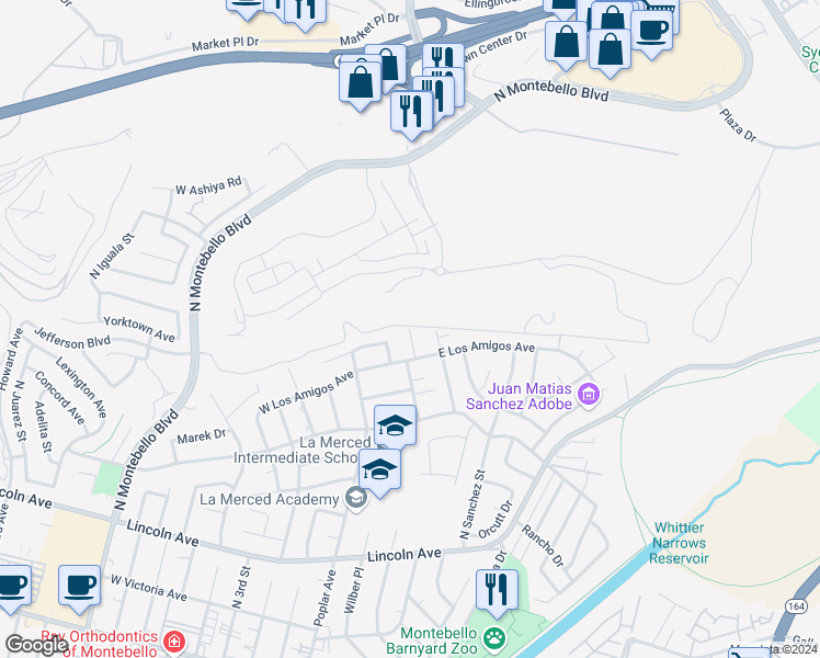 map of restaurants, bars, coffee shops, grocery stores, and more near 1098 North Las Flores Avenue in Montebello