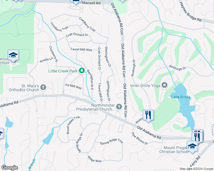 map of restaurants, bars, coffee shops, grocery stores, and more near 220 Sheringham Drive in Roswell