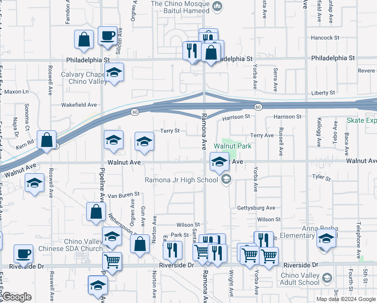 map of restaurants, bars, coffee shops, grocery stores, and more near 4431 Victoria Street in Chino