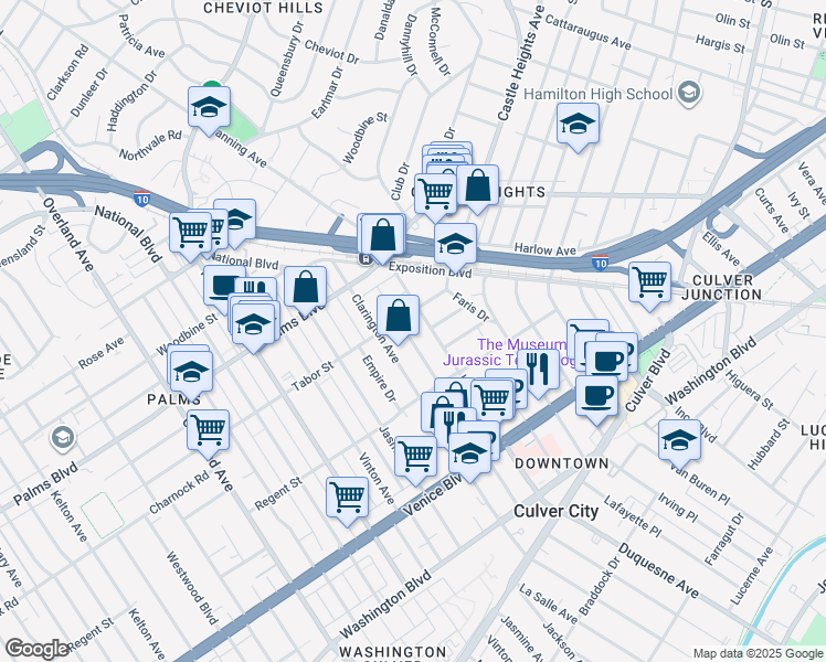 map of restaurants, bars, coffee shops, grocery stores, and more near 3618 Dunn Drive in Los Angeles
