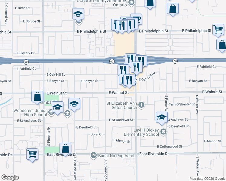 map of restaurants, bars, coffee shops, grocery stores, and more near 1126 East Cherry Hill Court in Ontario