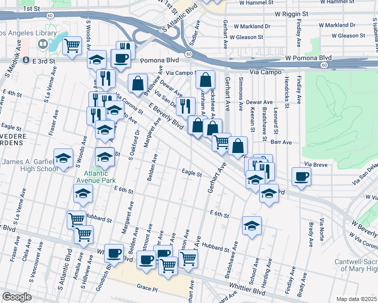 map of restaurants, bars, coffee shops, grocery stores, and more near 445 South Sadler Avenue in Los Angeles