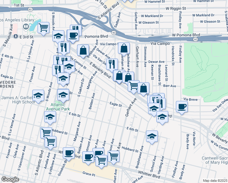 map of restaurants, bars, coffee shops, grocery stores, and more near 447 South Sadler Avenue in Los Angeles