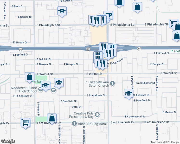 map of restaurants, bars, coffee shops, grocery stores, and more near 1126 East Cherry Hill Court in Ontario