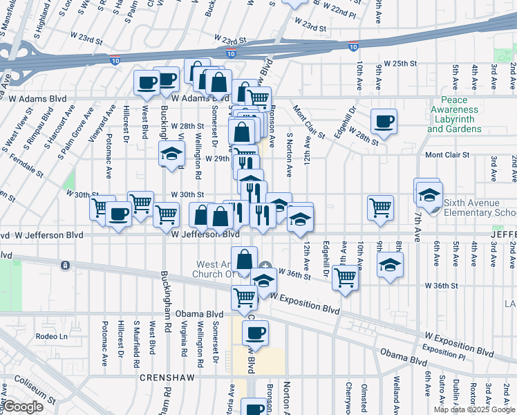 map of restaurants, bars, coffee shops, grocery stores, and more near 3004 Crenshaw Boulevard in Los Angeles