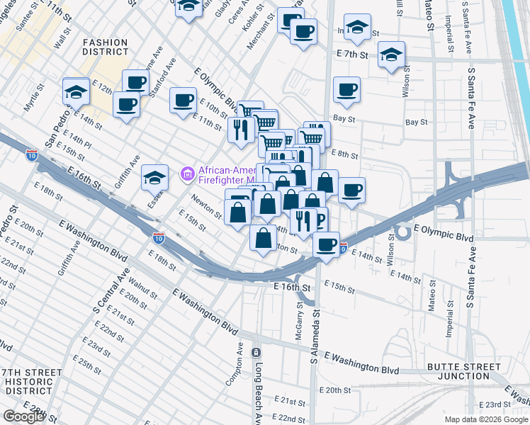 map of restaurants, bars, coffee shops, grocery stores, and more near 1226 Hooper Avenue in Los Angeles