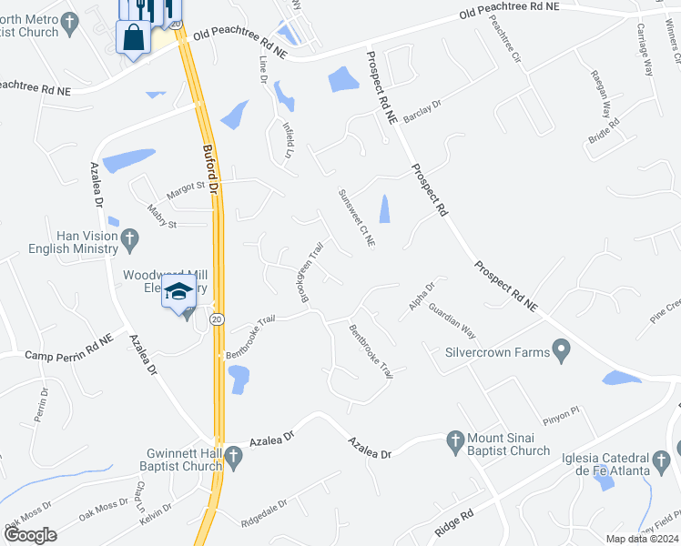 map of restaurants, bars, coffee shops, grocery stores, and more near 1050 Bouldervista Way in Lawrenceville