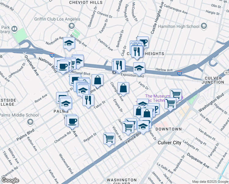 map of restaurants, bars, coffee shops, grocery stores, and more near 3561 Clarington Avenue in Los Angeles