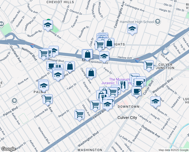 map of restaurants, bars, coffee shops, grocery stores, and more near 3618 Dunn Drive in Los Angeles