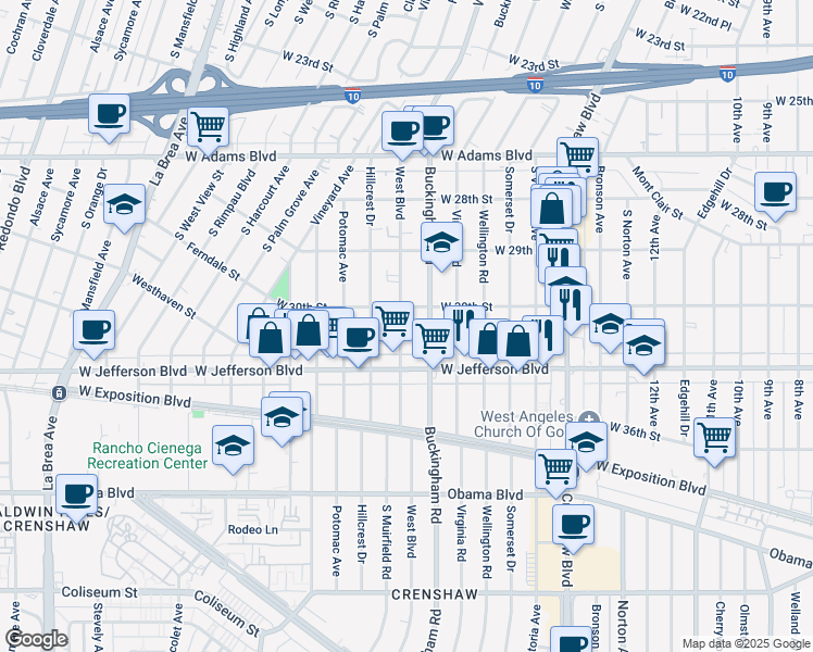 map of restaurants, bars, coffee shops, grocery stores, and more near 3020 West Boulevard in Los Angeles