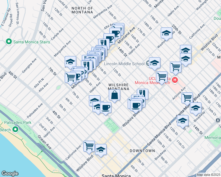 map of restaurants, bars, coffee shops, grocery stores, and more near 949 10th Street in Santa Monica