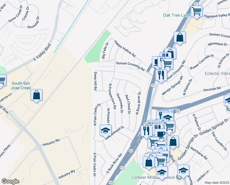 map of restaurants, bars, coffee shops, grocery stores, and more near 410 North Prospectors Road in Diamond Bar