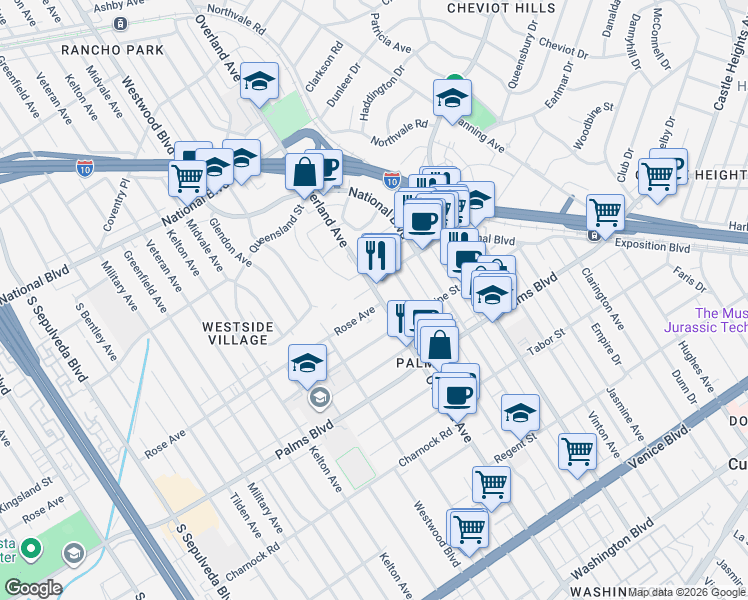 map of restaurants, bars, coffee shops, grocery stores, and more near 10705 Rose Avenue in Los Angeles