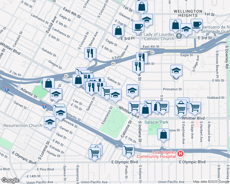 map of restaurants, bars, coffee shops, grocery stores, and more near 3563 Percy Street in Los Angeles
