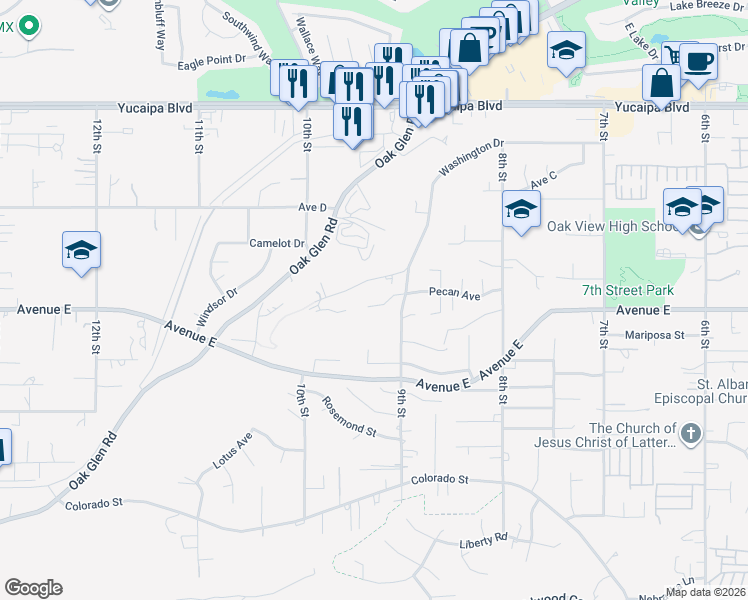 map of restaurants, bars, coffee shops, grocery stores, and more near 33440 Pine Drive in Yucaipa