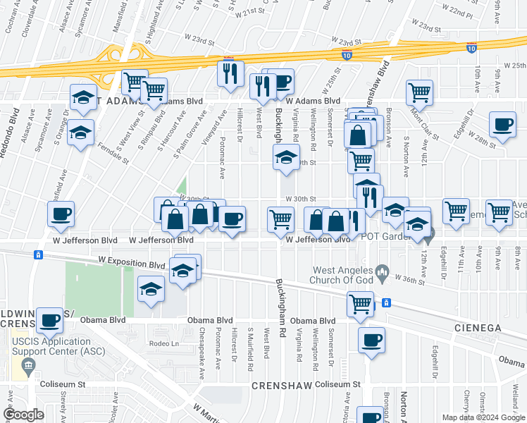 map of restaurants, bars, coffee shops, grocery stores, and more near 3020 West Boulevard in Los Angeles