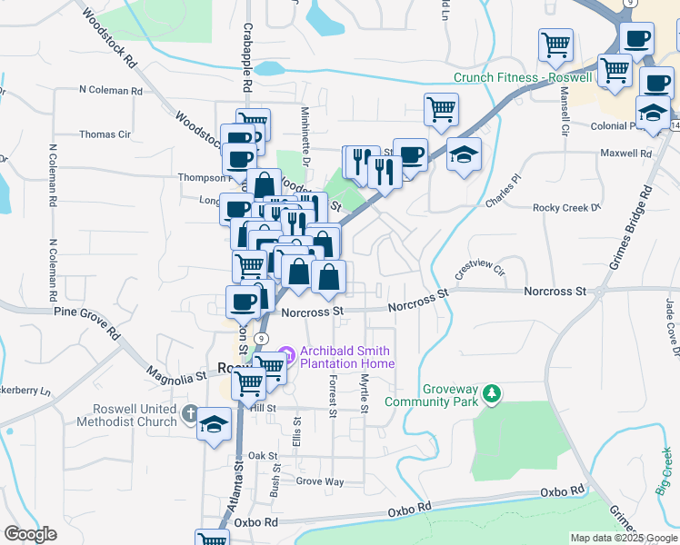 map of restaurants, bars, coffee shops, grocery stores, and more near 3000 Forrest Walk in Roswell