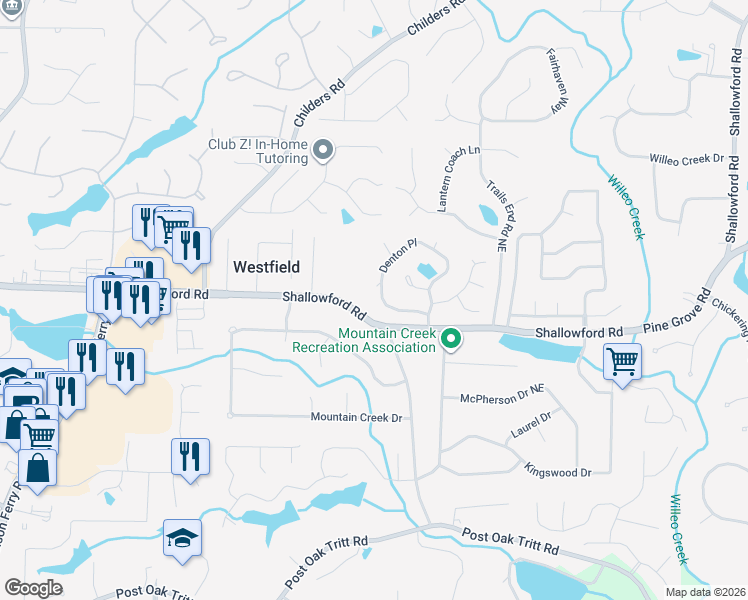 map of restaurants, bars, coffee shops, grocery stores, and more near 3152 Denton Place Northeast in Roswell