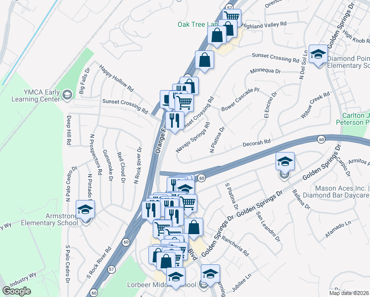 map of restaurants, bars, coffee shops, grocery stores, and more near 303 Navajo Springs Road in Diamond Bar