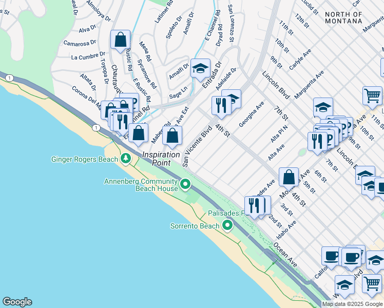 map of restaurants, bars, coffee shops, grocery stores, and more near 130 San Vicente Boulevard in Santa Monica