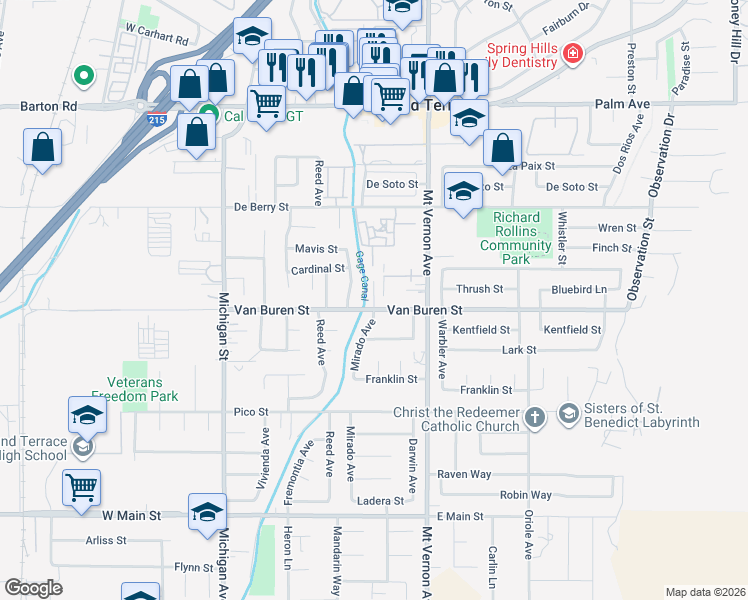 map of restaurants, bars, coffee shops, grocery stores, and more near Tesoro Court in Grand Terrace