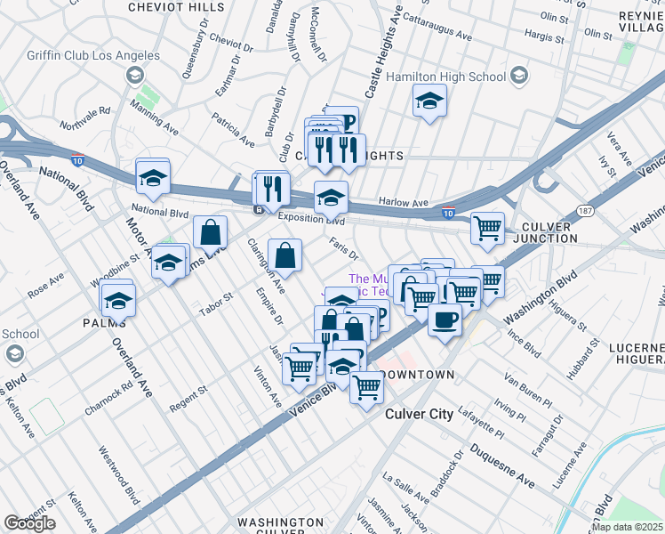 map of restaurants, bars, coffee shops, grocery stores, and more near 9737 Charnock Avenue in Los Angeles