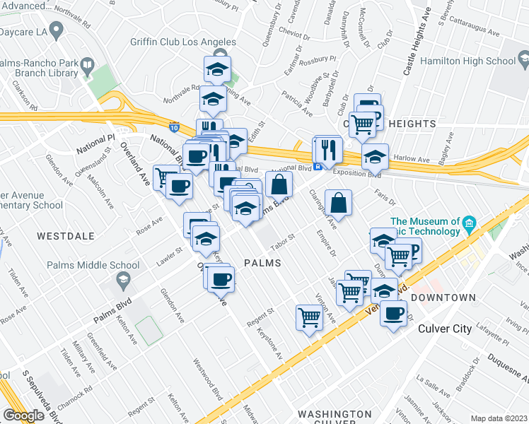 map of restaurants, bars, coffee shops, grocery stores, and more near Palms Blvd & Vinton Ave in Los Angeles