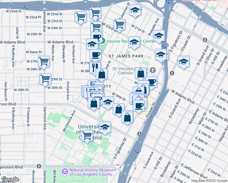 map of restaurants, bars, coffee shops, grocery stores, and more near 2831 University Avenue in Los Angeles