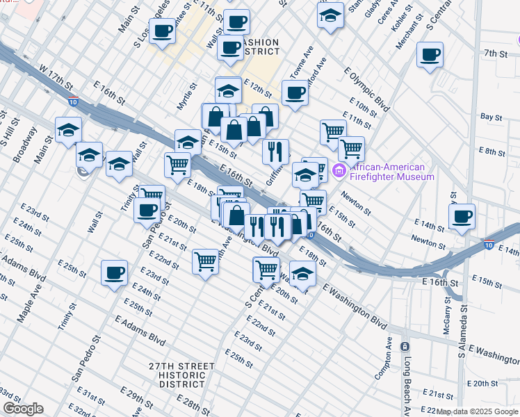 map of restaurants, bars, coffee shops, grocery stores, and more near 1601 East 17th Street in Los Angeles