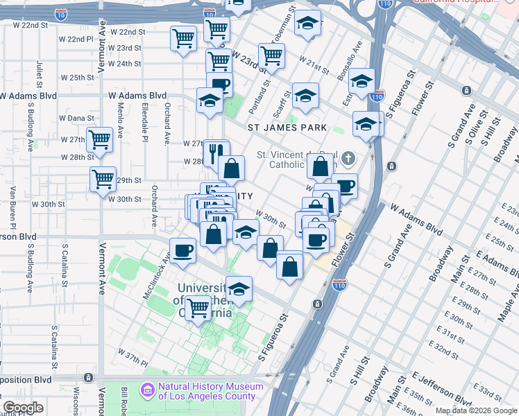 map of restaurants, bars, coffee shops, grocery stores, and more near 2831 University Avenue in Los Angeles