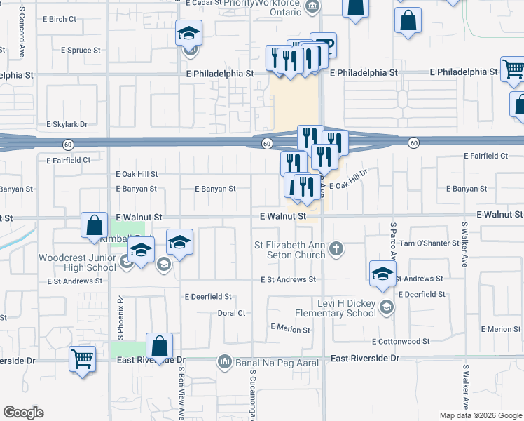 map of restaurants, bars, coffee shops, grocery stores, and more near 2527 South Raymond Place in Ontario