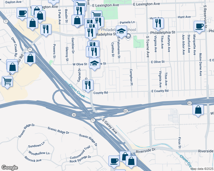 map of restaurants, bars, coffee shops, grocery stores, and more near 2435 Angela Street in Pomona