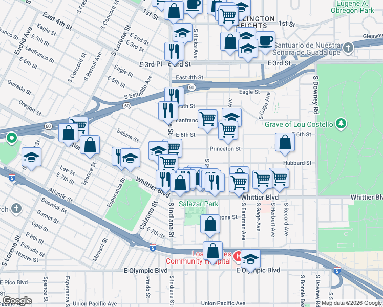 map of restaurants, bars, coffee shops, grocery stores, and more near 3741 East Princeton Street in Los Angeles