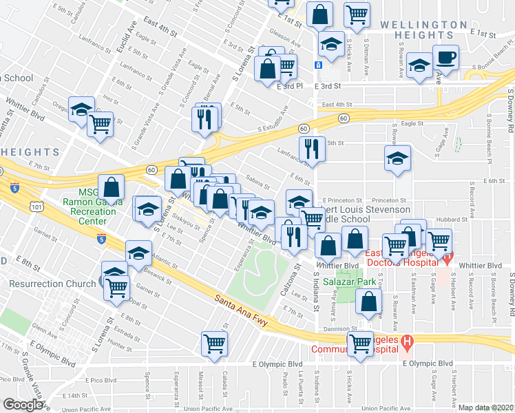 map of restaurants, bars, coffee shops, grocery stores, and more near 3566 Sabina Street in Los Angeles
