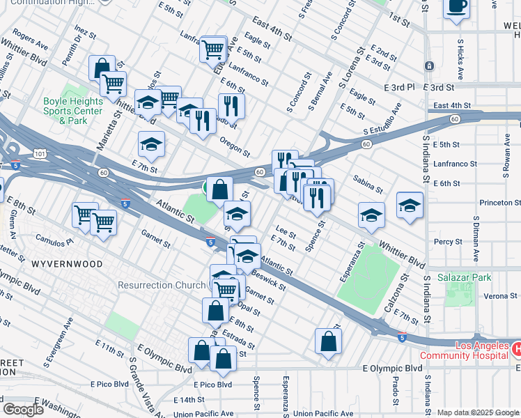 map of restaurants, bars, coffee shops, grocery stores, and more near 933 South Bernal Avenue in Los Angeles