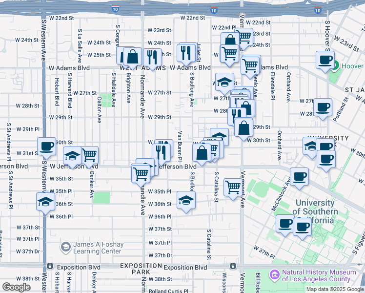 map of restaurants, bars, coffee shops, grocery stores, and more near 2955 Van Buren Place in Los Angeles