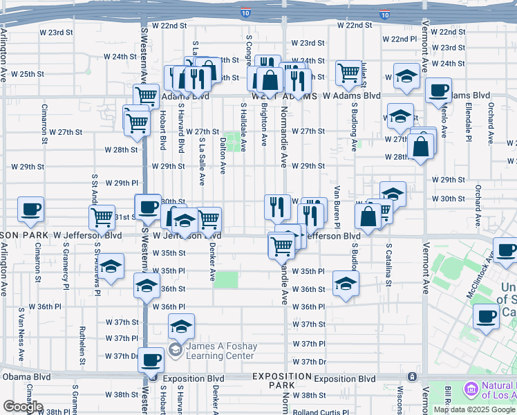 map of restaurants, bars, coffee shops, grocery stores, and more near 2957 Brighton Avenue in Los Angeles