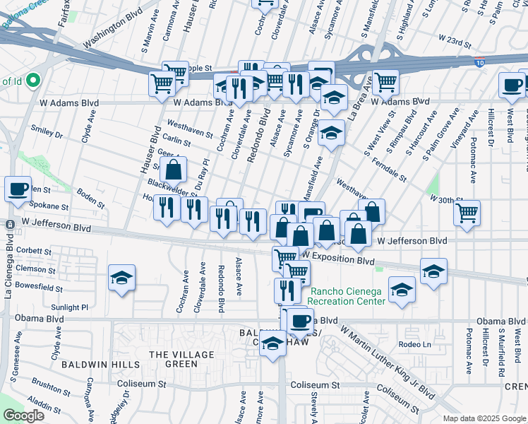 map of restaurants, bars, coffee shops, grocery stores, and more near 2908 South Sycamore Avenue in Los Angeles