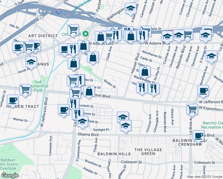 map of restaurants, bars, coffee shops, grocery stores, and more near 5515 Boden Street in Los Angeles