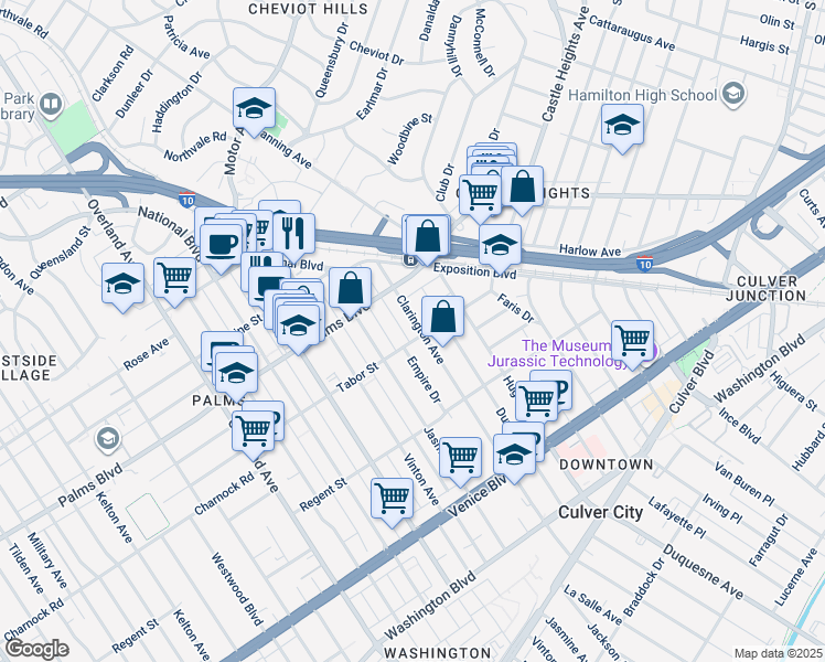 map of restaurants, bars, coffee shops, grocery stores, and more near 3546 Clarington Avenue in Los Angeles