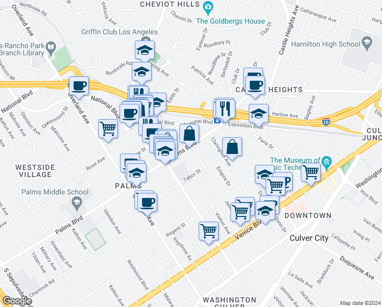 map of restaurants, bars, coffee shops, grocery stores, and more near 3455 Jasmine Avenue in Los Angeles